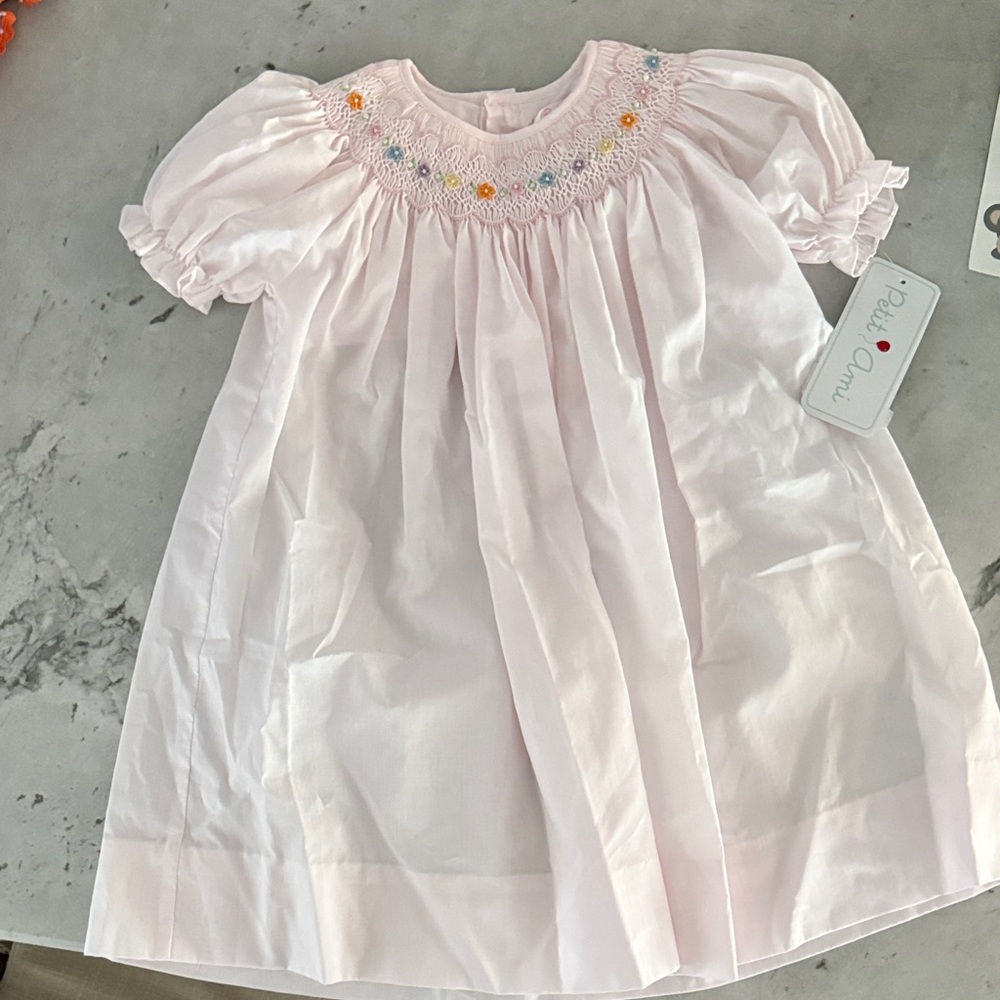 Petit Ami Pink Smocked Dress with Floral Embroidery